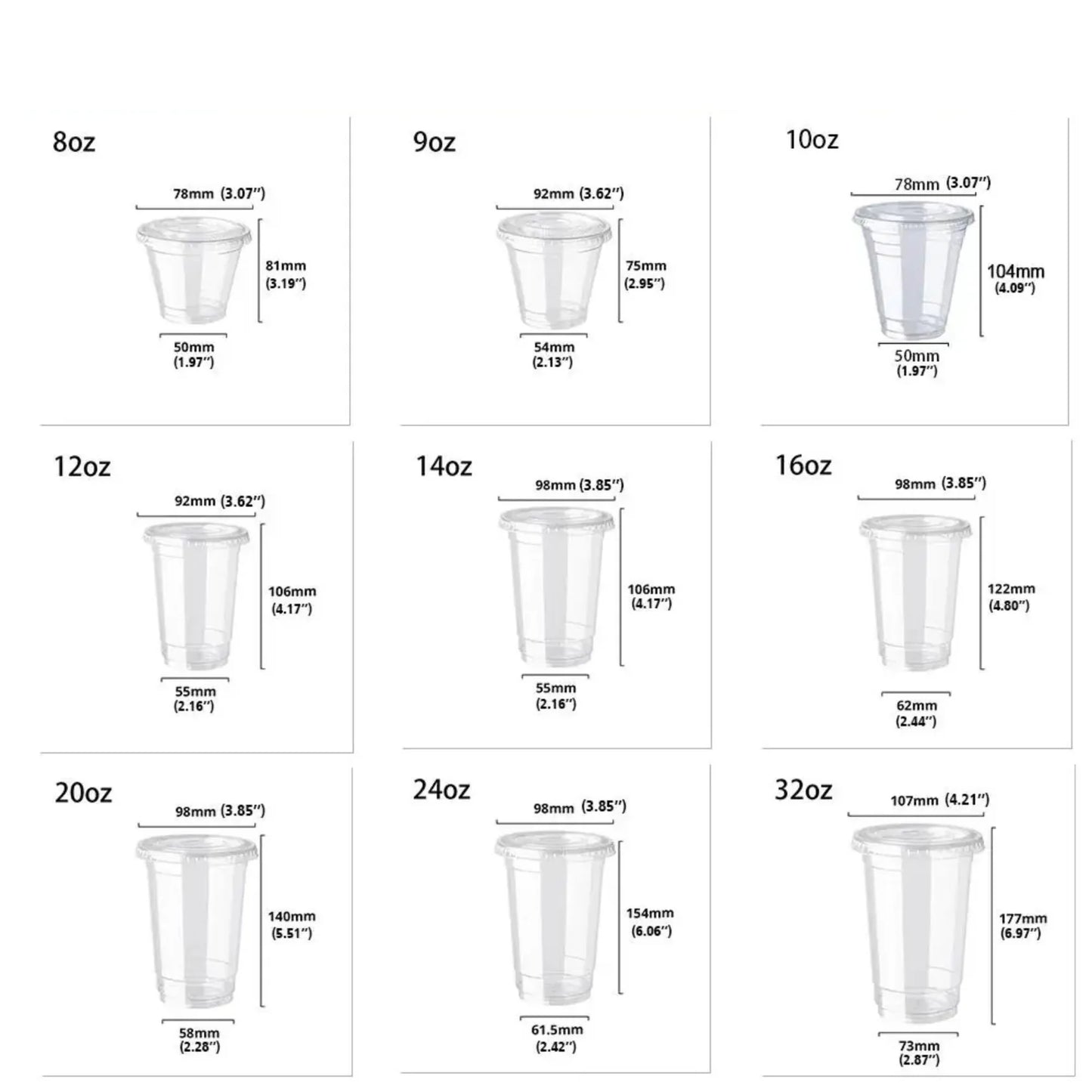 Measurement chart of clear plastic cups in various sizes with dimensions.