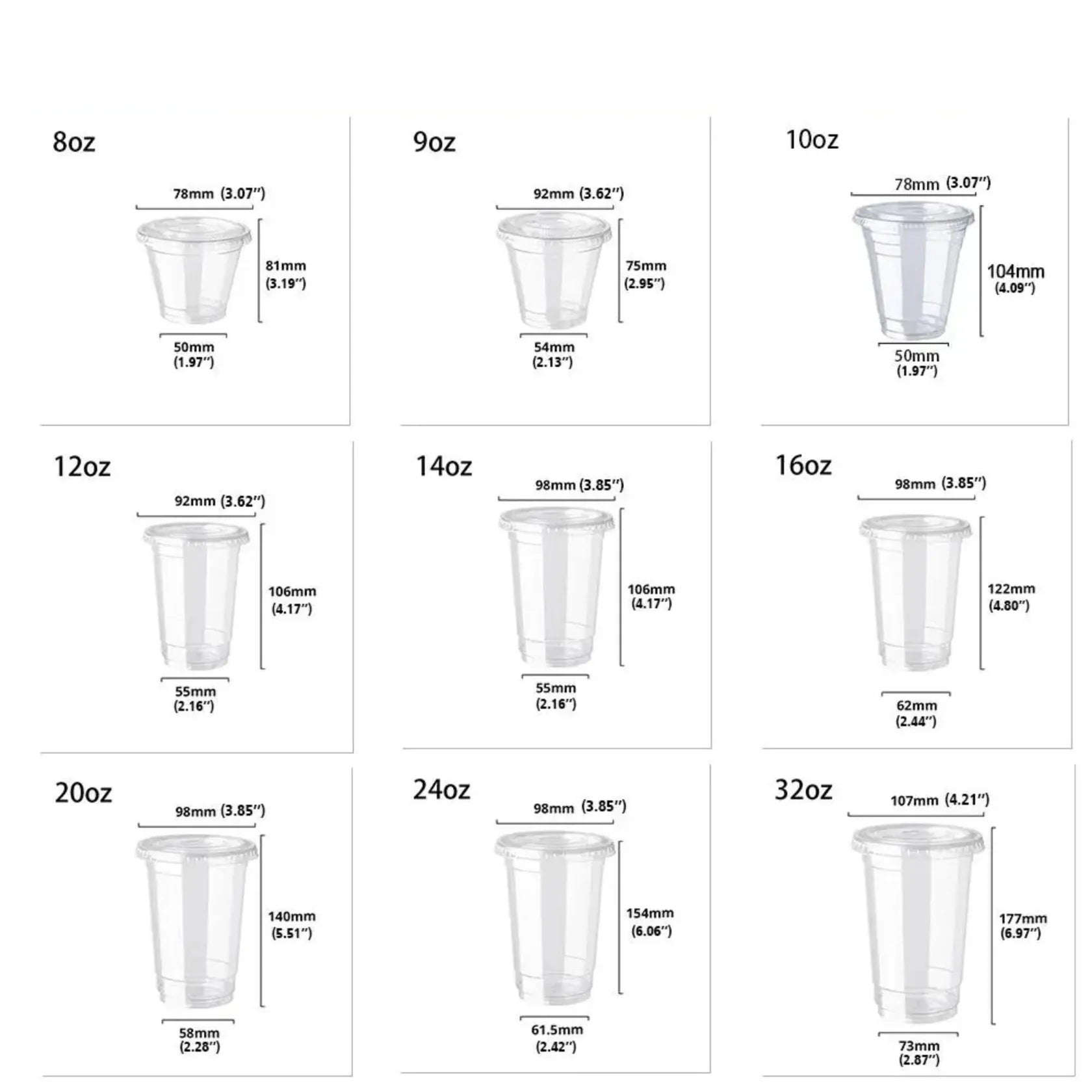 Measurement chart of clear plastic cups in various sizes with dimensions.