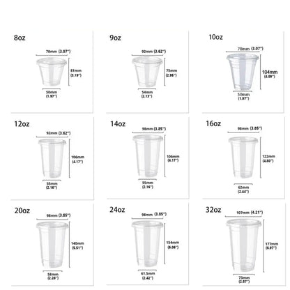 Measurement chart of clear plastic cups in various sizes with dimensions.