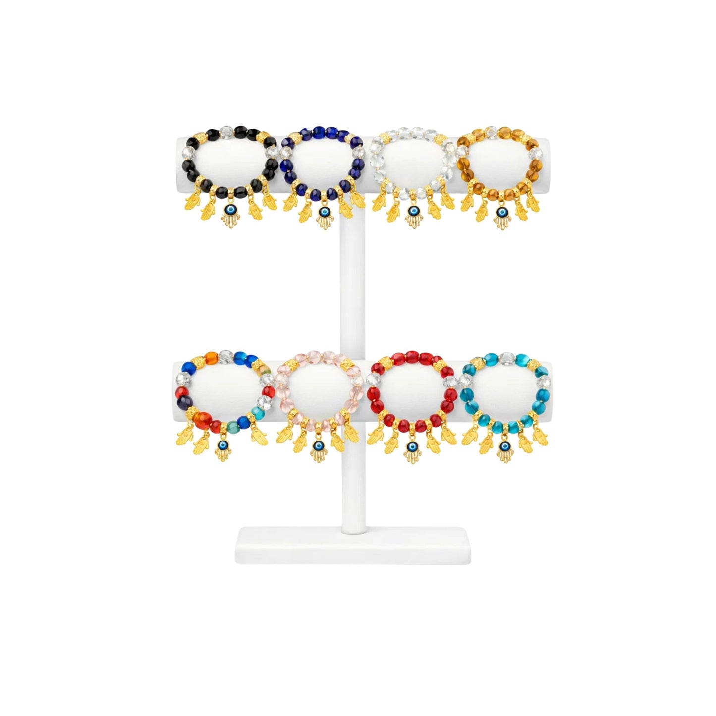 Crystal Beaded Bracelet Hamsa Hand Evil Eye Charm Gold Tone size and feature image