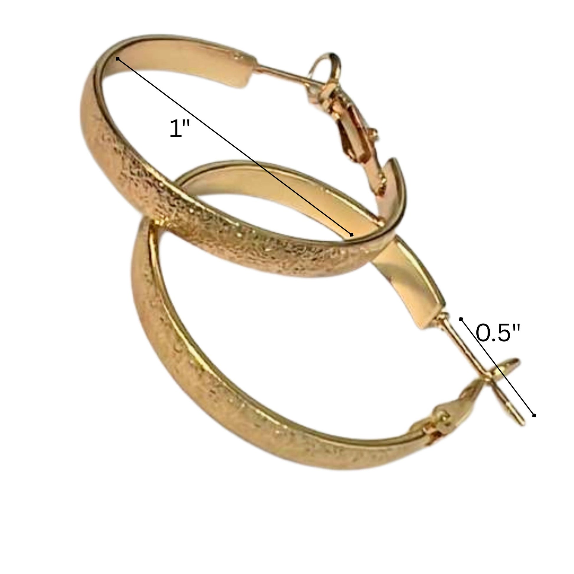 Gold hoop earrings with measurements on a white background