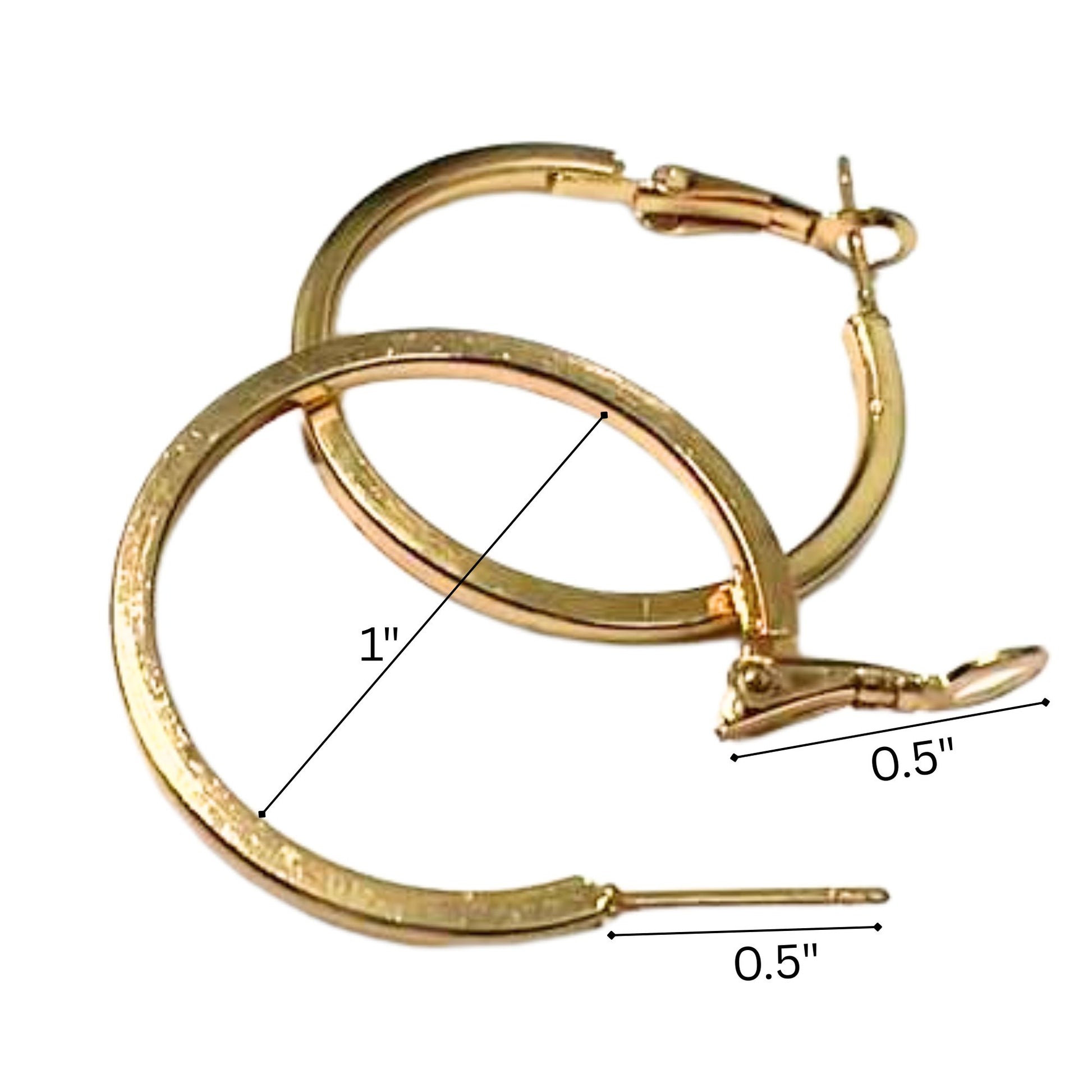 Gold hoop earrings with measurements on a white background
