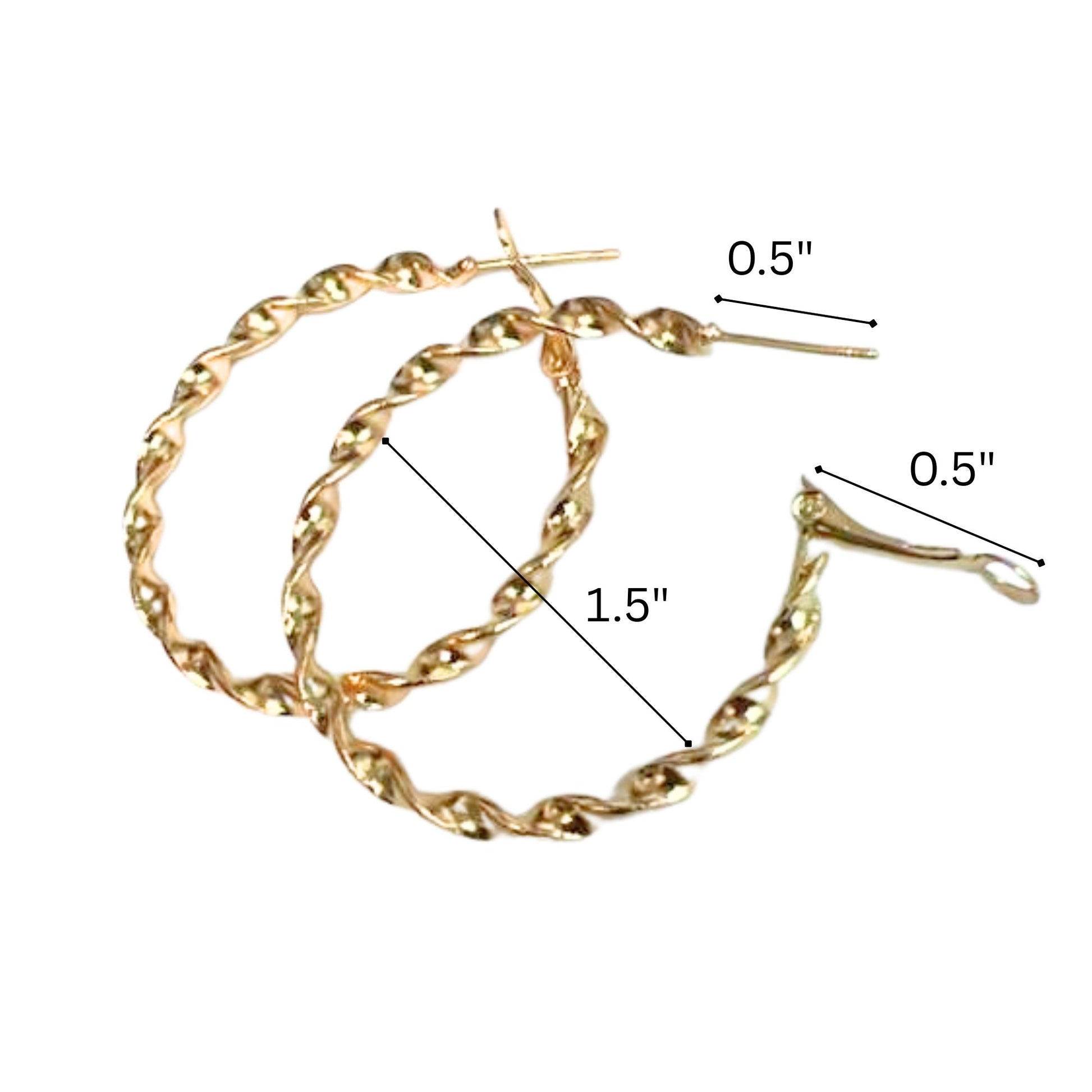 Gold hoop earrings with measurements on a white background