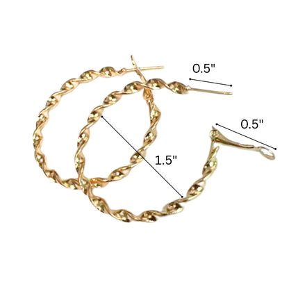 Gold hoop earrings with measurements on a white background