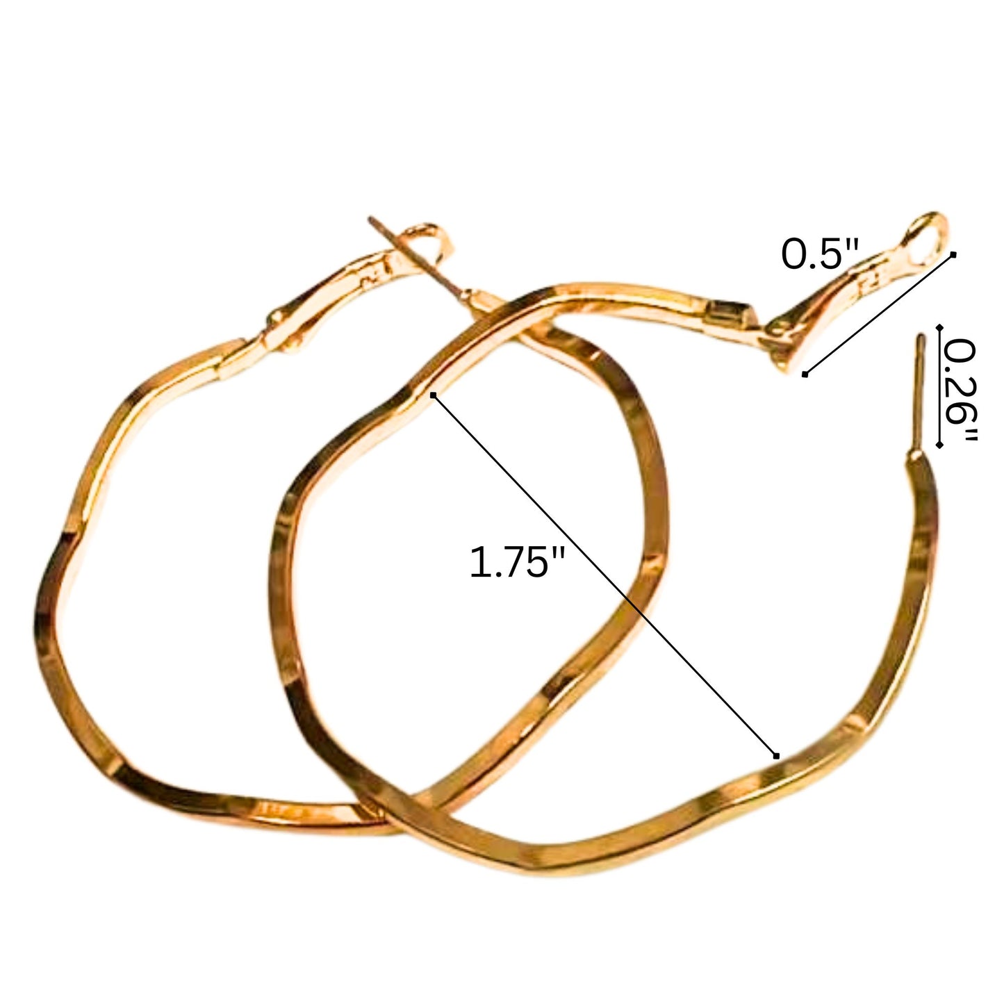 Gold hoop earrings with measurements on a white background