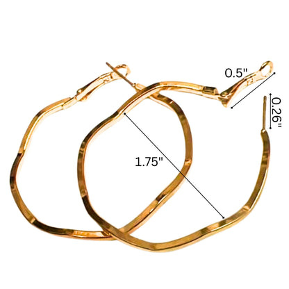 Gold hoop earrings with measurements on a white background