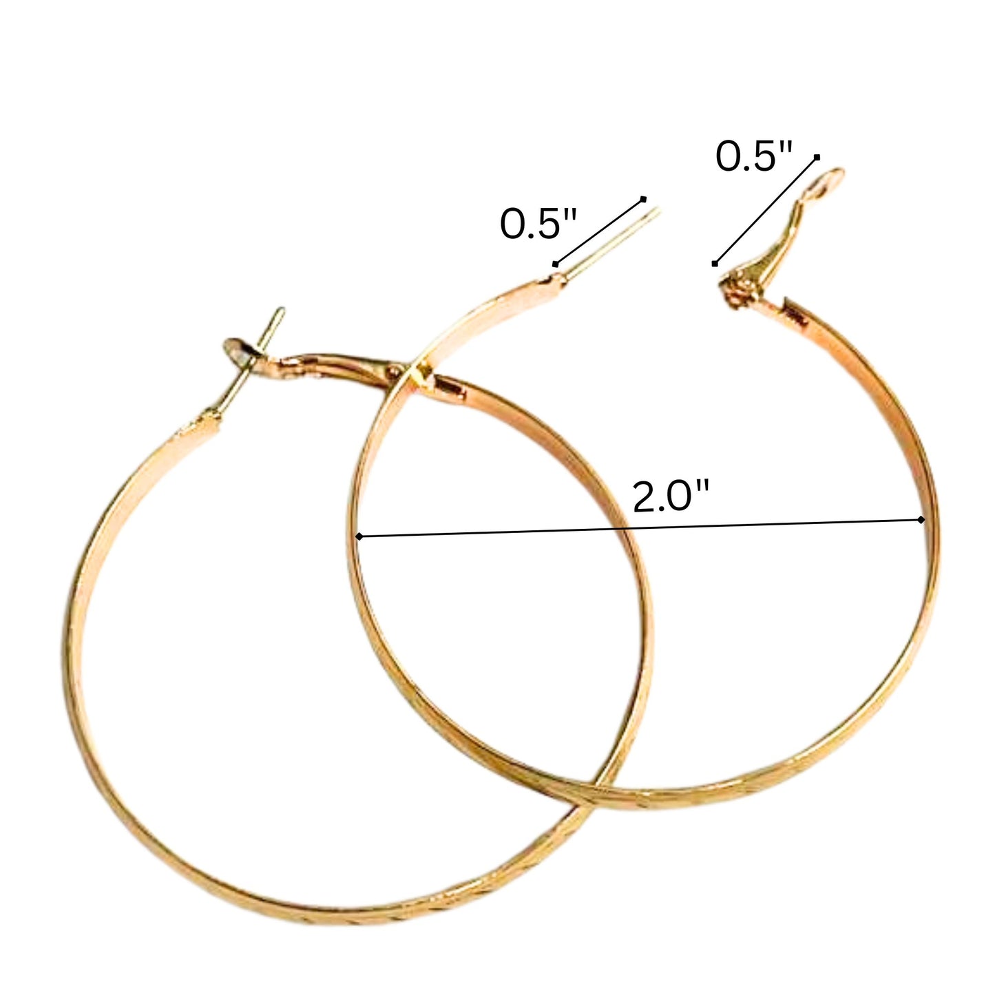 Gold hoop earrings with measurements on a white background
