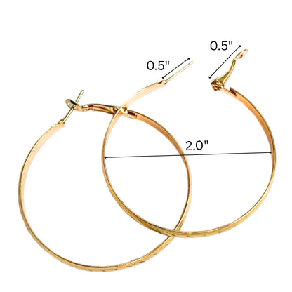 Gold hoop earrings with measurements on a white background