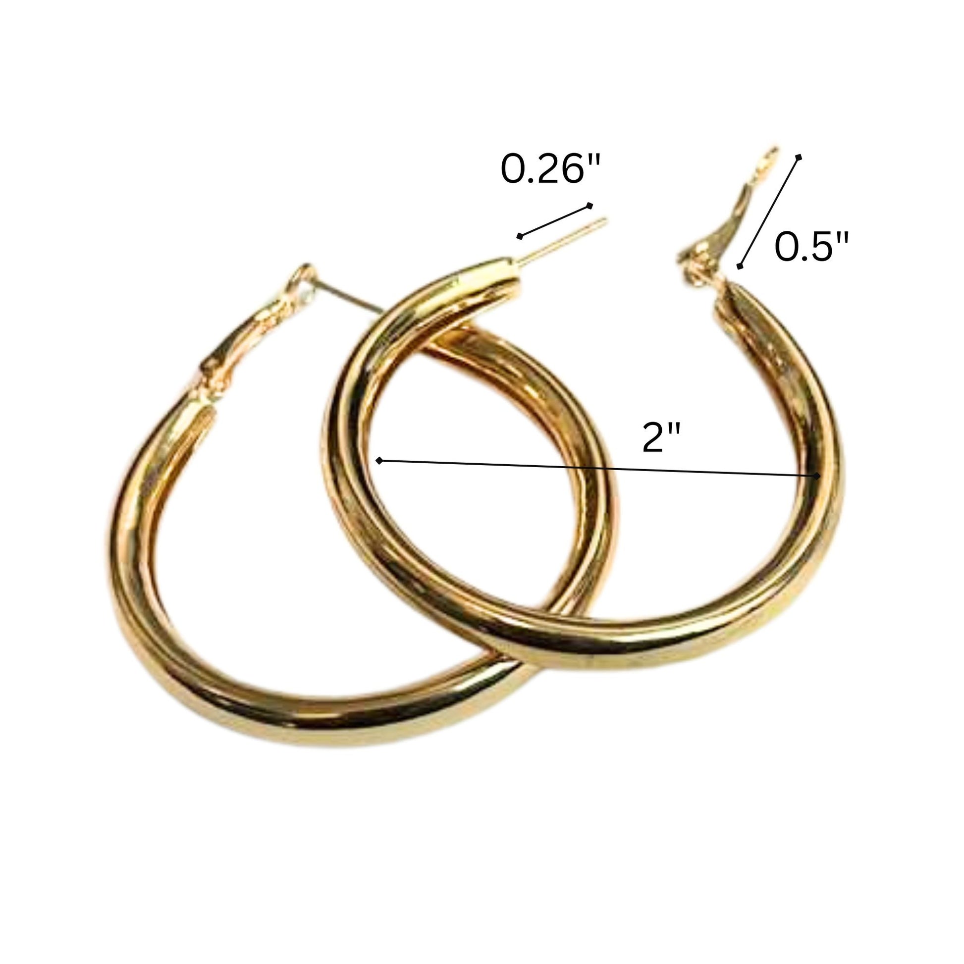 Gold hoop earrings with measurements on a white background