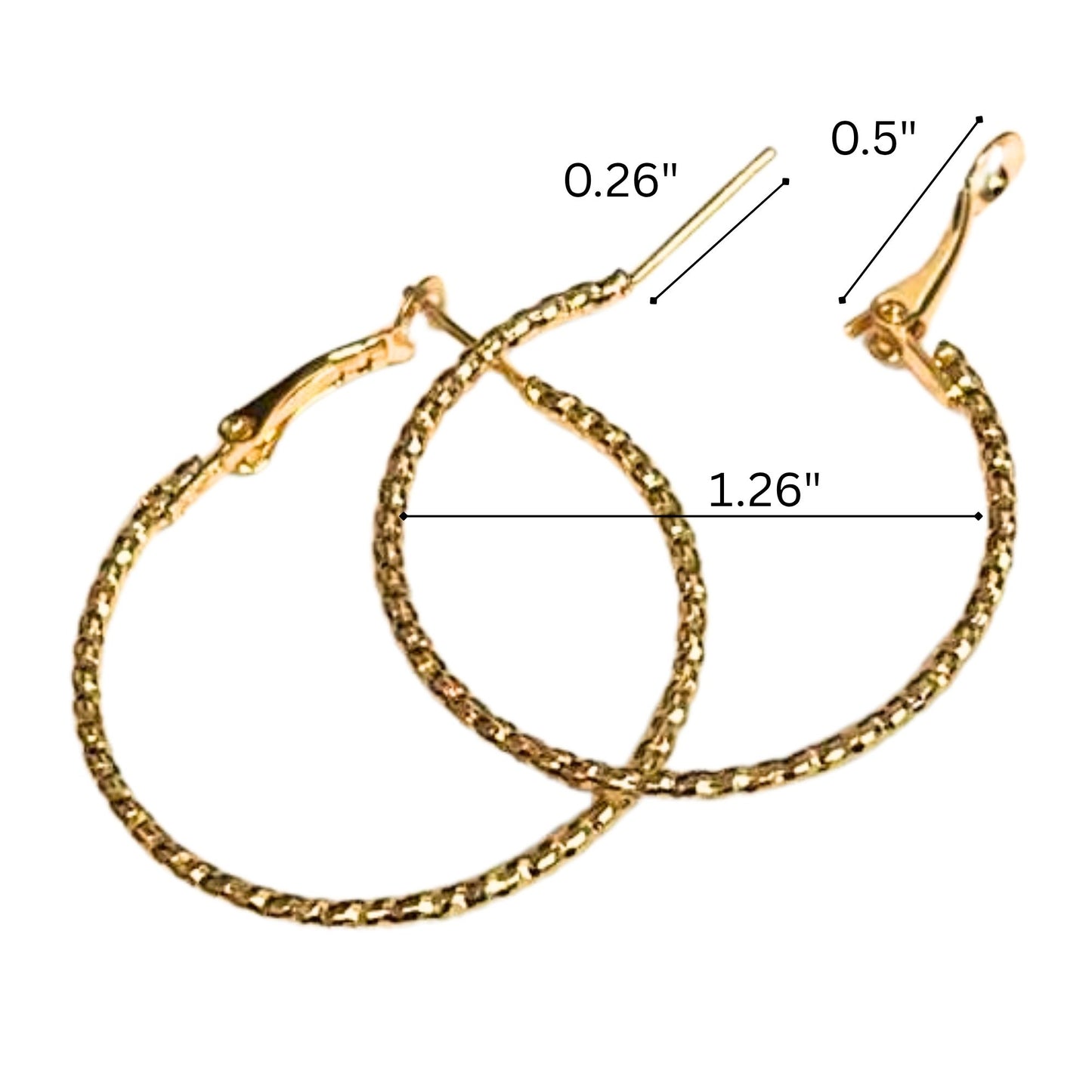 Gold hoop earrings with measurements on a white background
