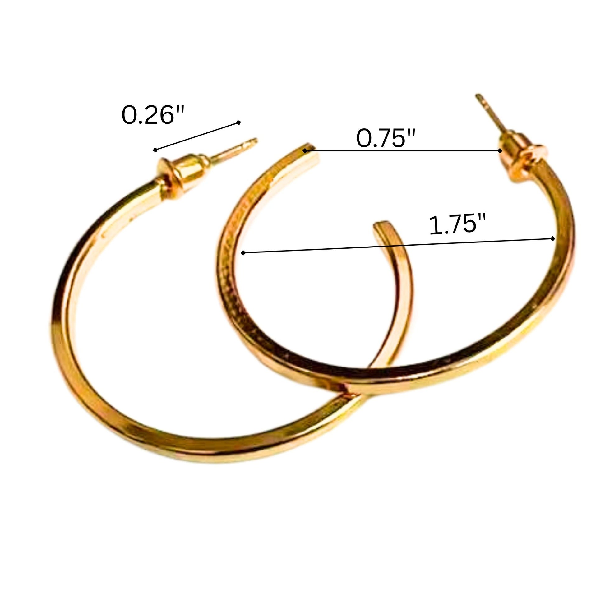 Gold hoop earrings with measurements on a white background