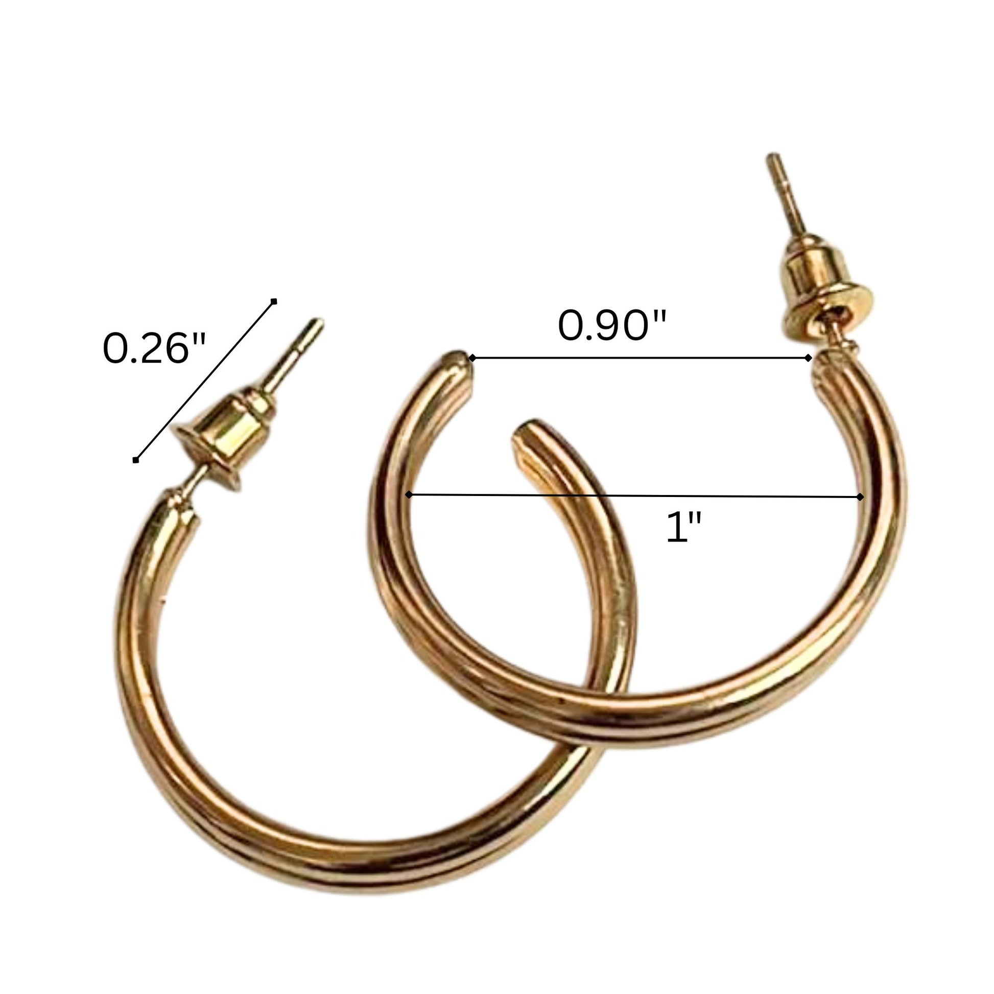 Gold hoop earrings with measurements on a white background