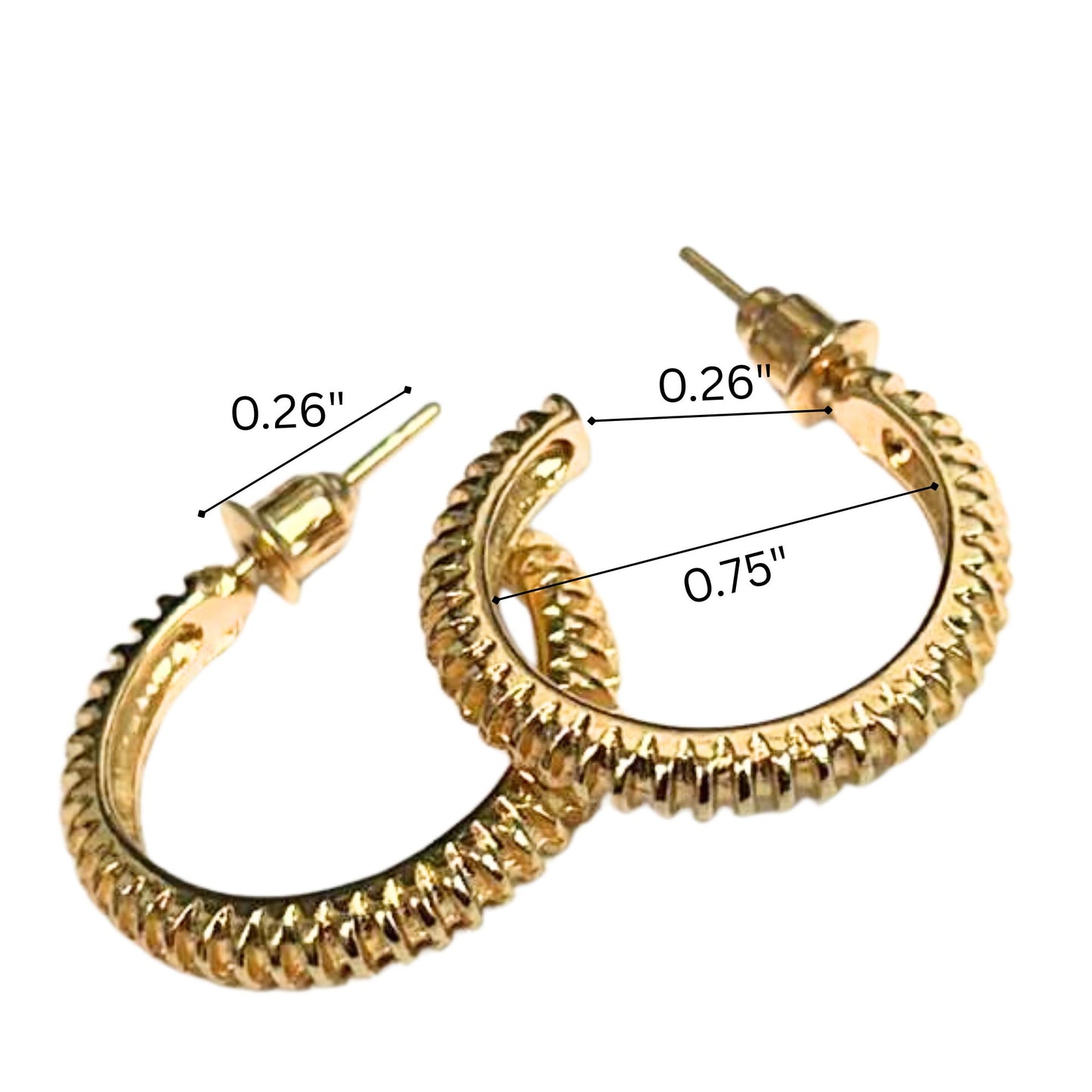 Gold hoop earrings with measurements on a white background