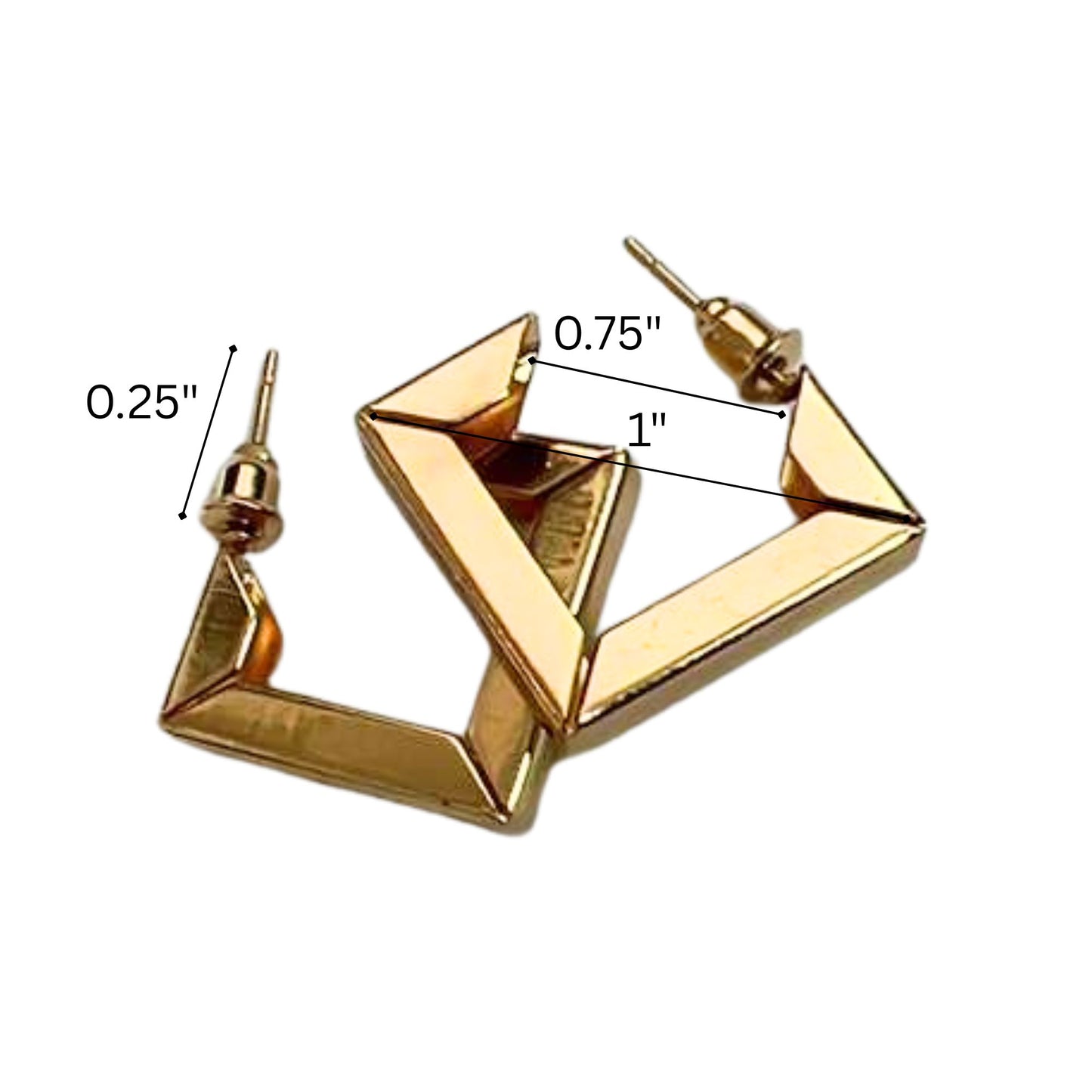 Gold geometric earrings with measurements on a white background
