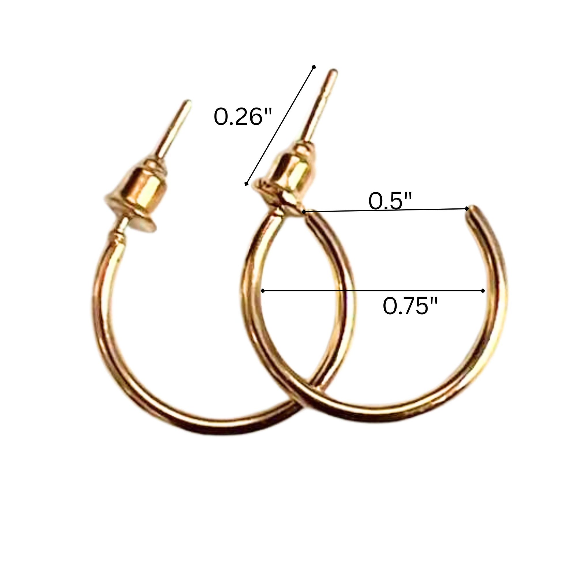 Gold hoop earrings with measurements on a white background