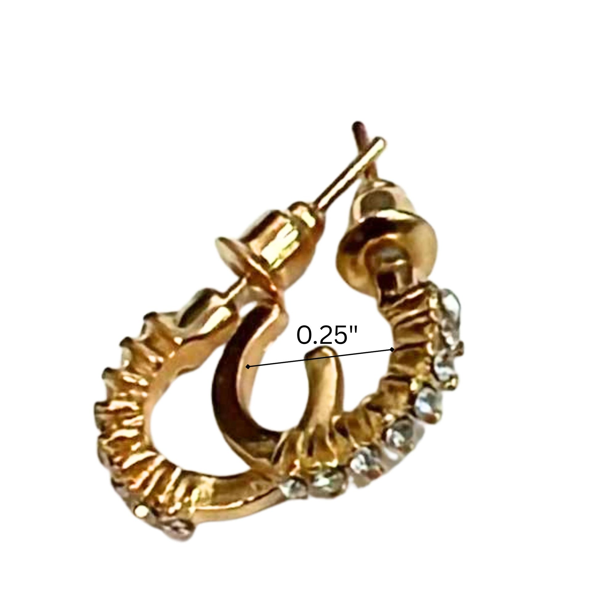 Gold hoop earrings with a measurement label on a white background