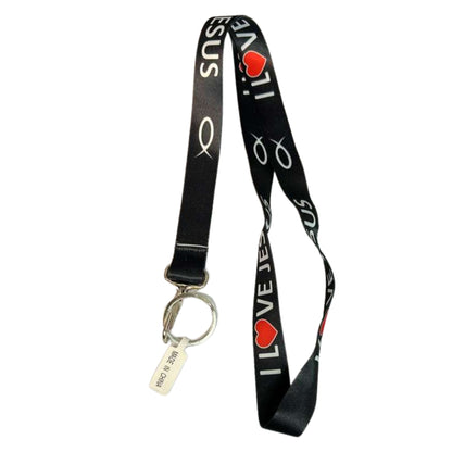 Black lanyard with 'I ❤️ US' text and keychain on a white background