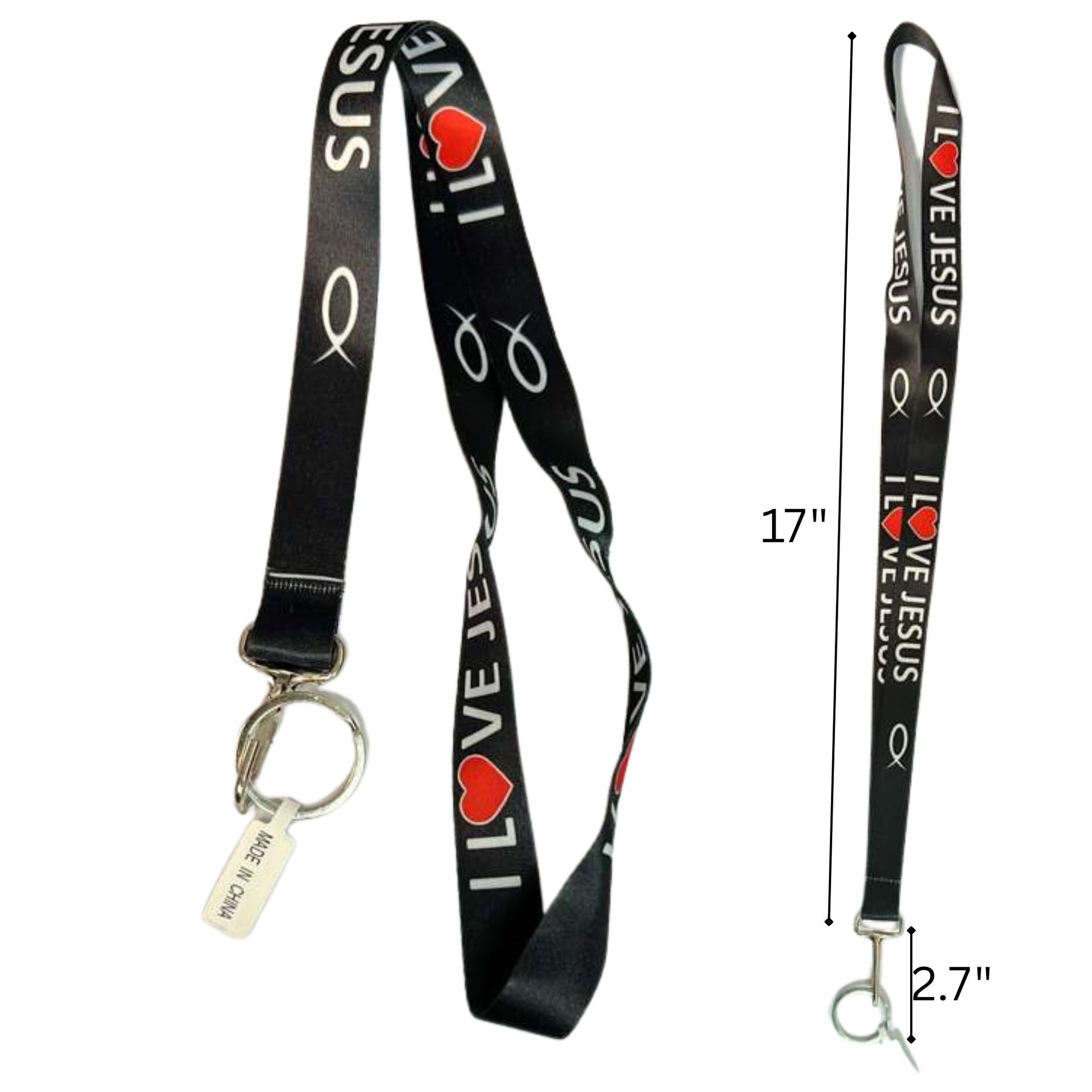 Black lanyard with 'I Love Jesus' text and fish symbol, featuring a measurement label.