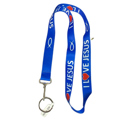 Blue lanyard with 'I Love Jesus' text and symbols on a white background