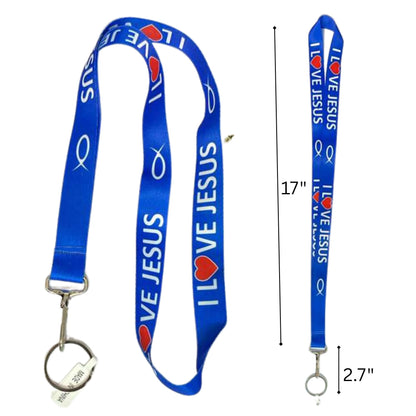 Blue lanyard with 'I LOVE JESUS' text and measurements on a white background