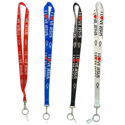 Four lanyards with 'I Love Jesus' text on red, blue, black, and silver backgrounds.