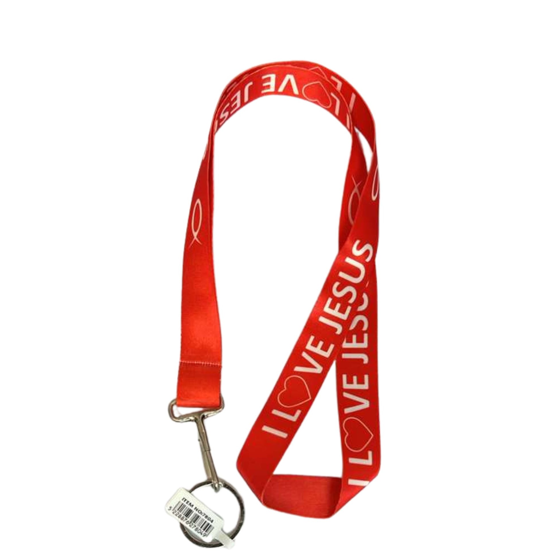Red lanyard with 'I Love Jesus' text on a white background