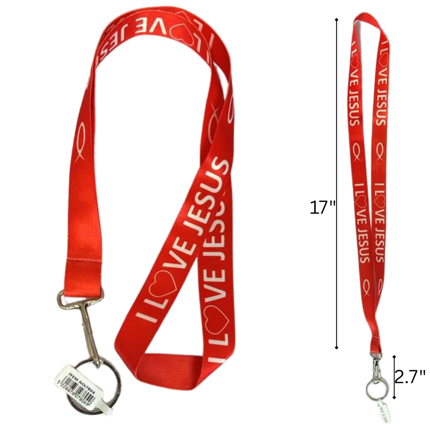Red lanyard with 'I Love Jesus' text on a white background
