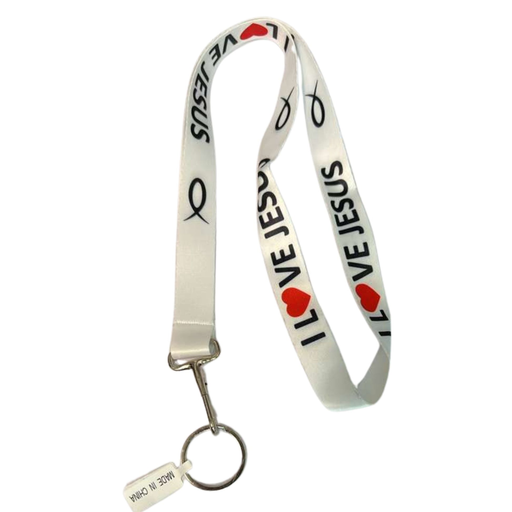 White lanyard with 'I Love Jesus' text and red hearts on a white background