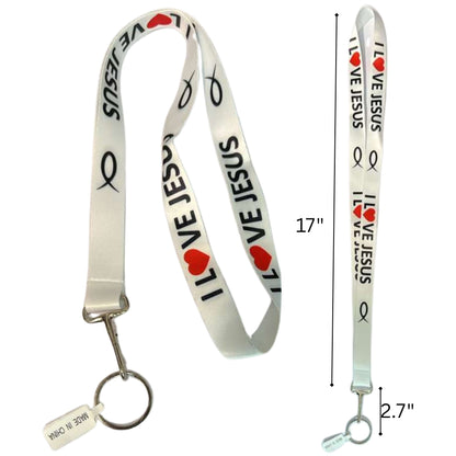 Lanyard with 'I Love Jesus' text and fish symbol, with measurements on a white background