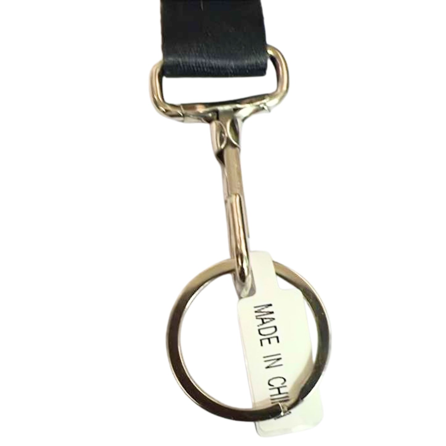 Metal keychain with a black ribbon and 'MADE IN CHINA' tag on a white background