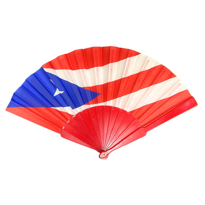 Hand fan with red, white, and blue design on a white background