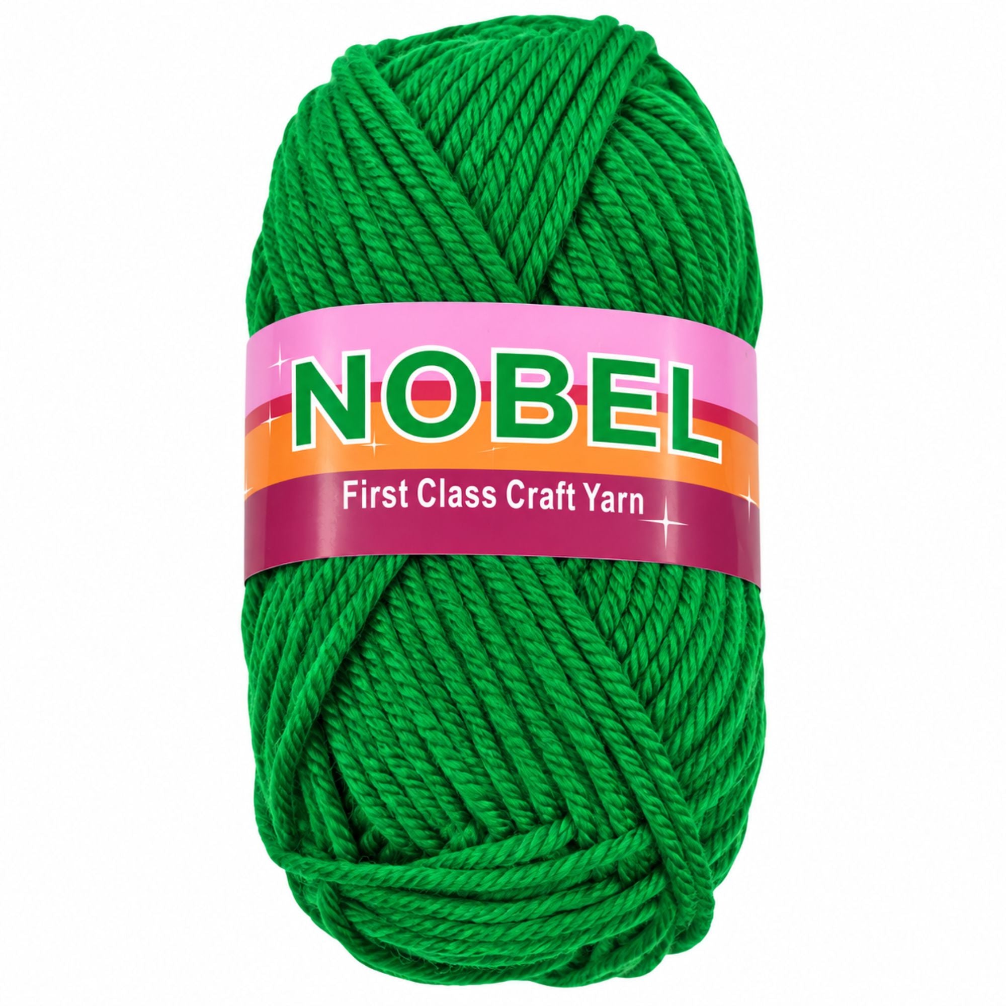 A skein of bright green craft yarn with a pink, orange, and purple paper label that reads 'NOBEL First Class Craft Yarn' on a plain white background.