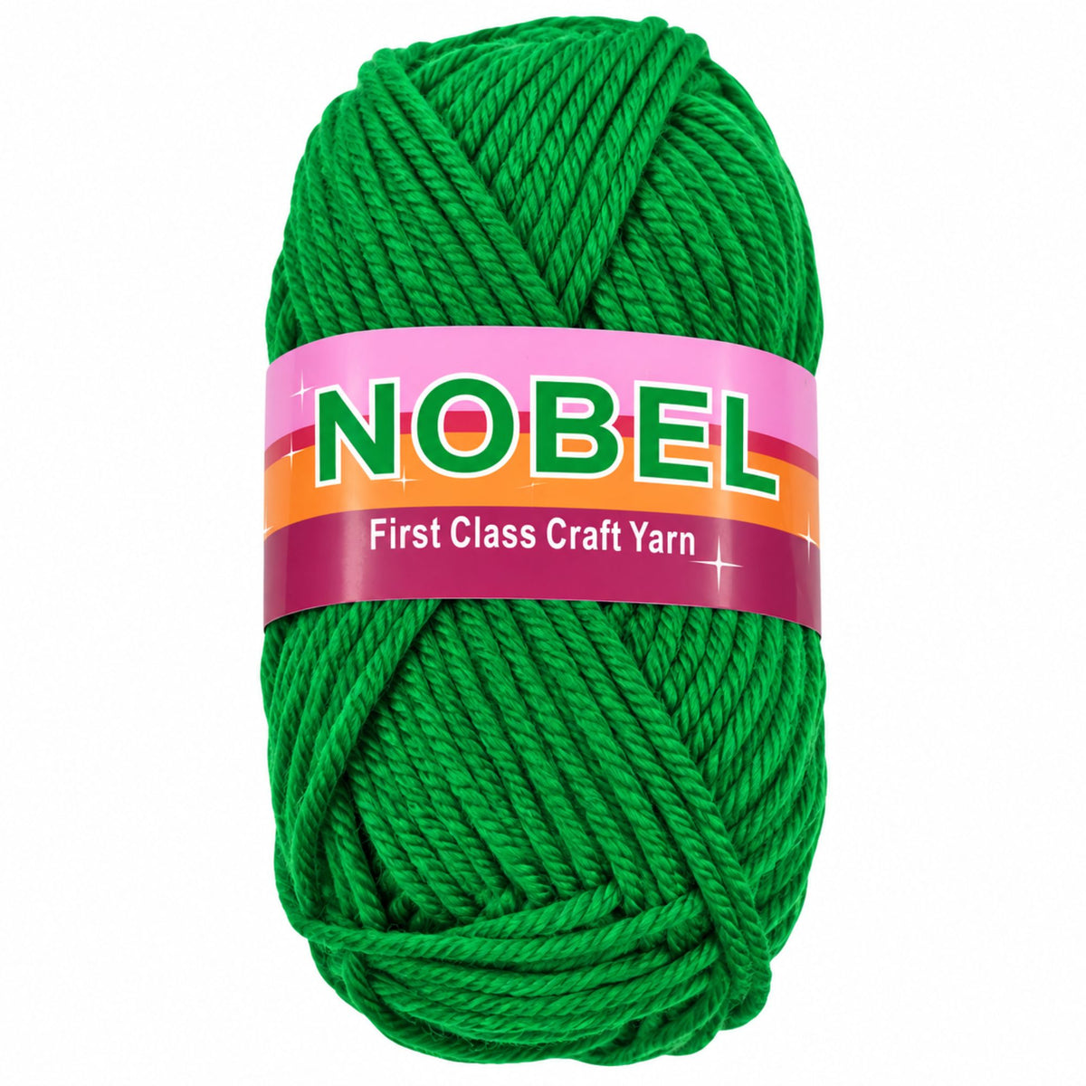 A skein of bright green craft yarn with a pink, orange, and purple paper label that reads 'NOBEL First Class Craft Yarn' on a plain white background.