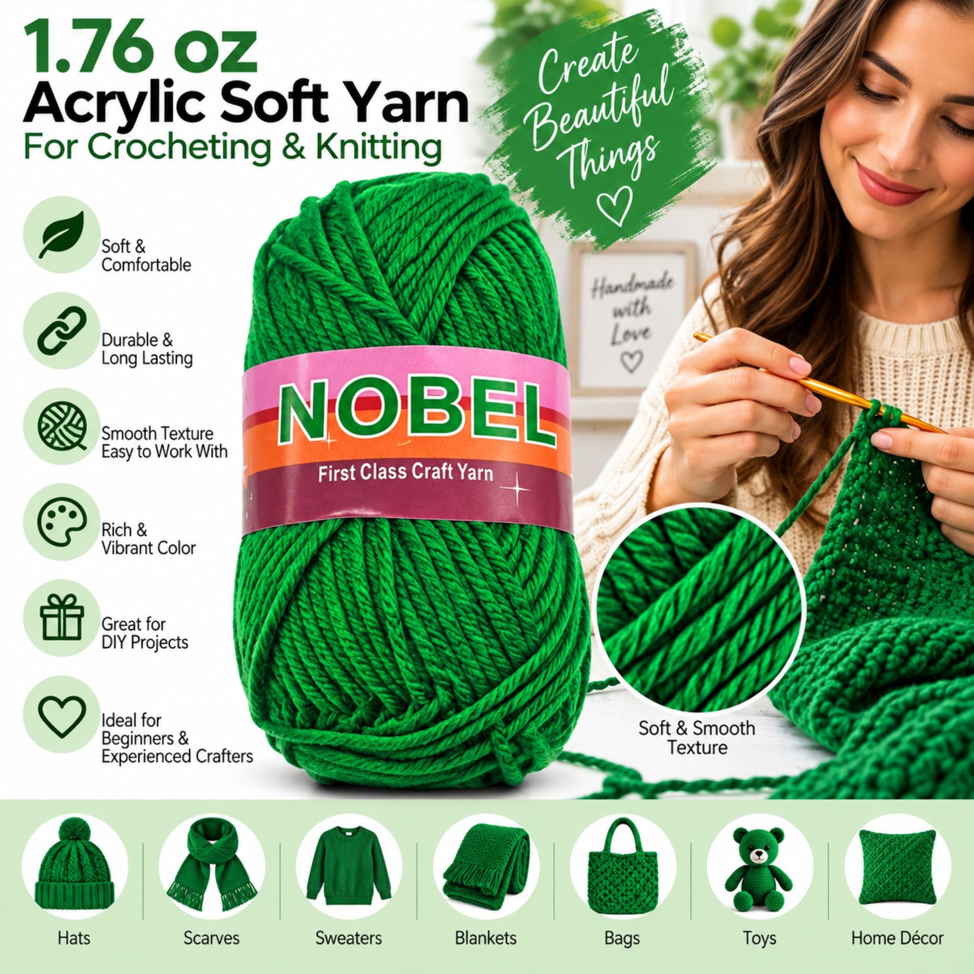 A large green ball of NOBEL acrylic soft yarn is shown on a light gray background with marketing text, icons, and a woman crocheting with a green yarn. The image includes product benefits, a close-up texture inset, and example craft items made from the yarn at the bottom.
