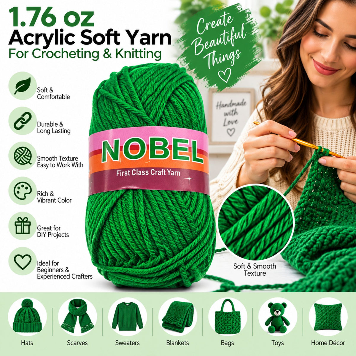 A large green ball of NOBEL acrylic soft yarn is shown on a light gray background with marketing text, icons, and a woman crocheting with a green yarn. The image includes product benefits, a close-up texture inset, and example craft items made from the yarn at the bottom.