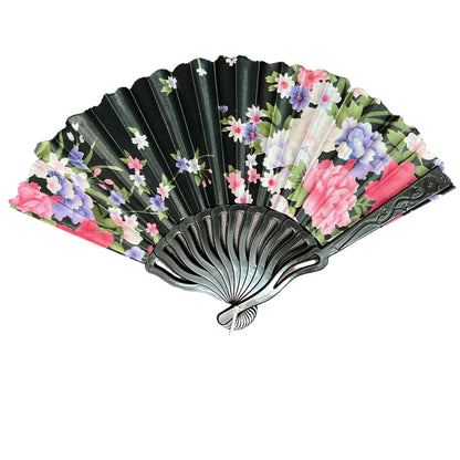Floral-patterned hand fan with black frame on a white background