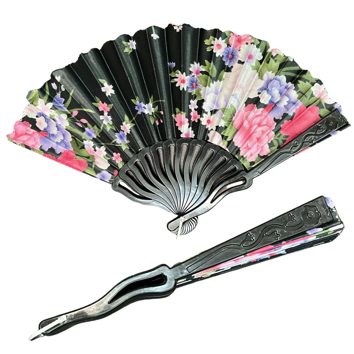 Floral-patterned hand fan with decorative handle on a white background