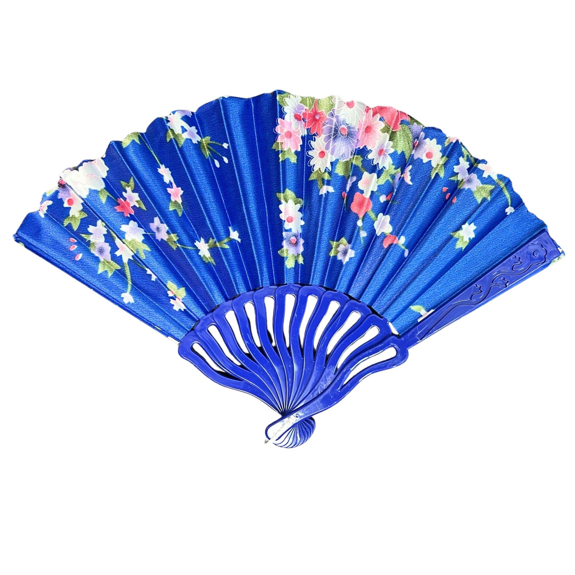 Blue hand fan with floral patterns on a white background