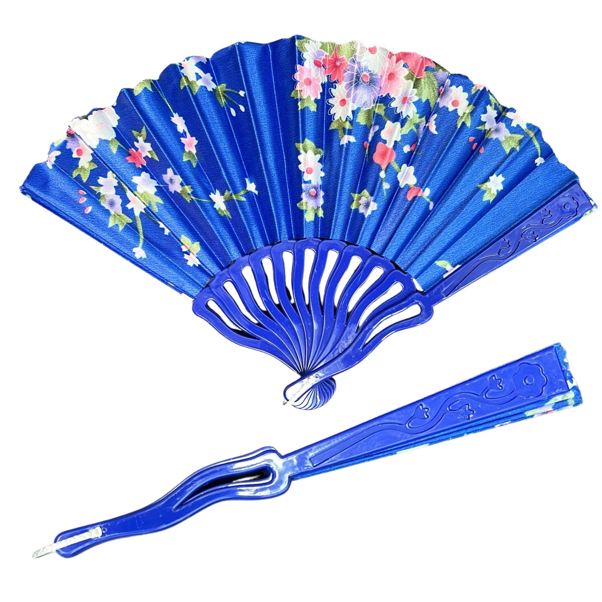 Blue floral folding fan with a matching blue handle on a white background