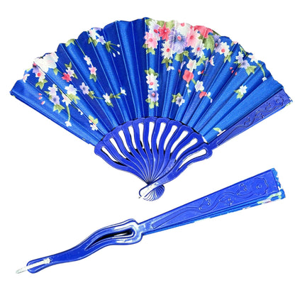 Blue floral folding fan with a matching blue handle on a white background