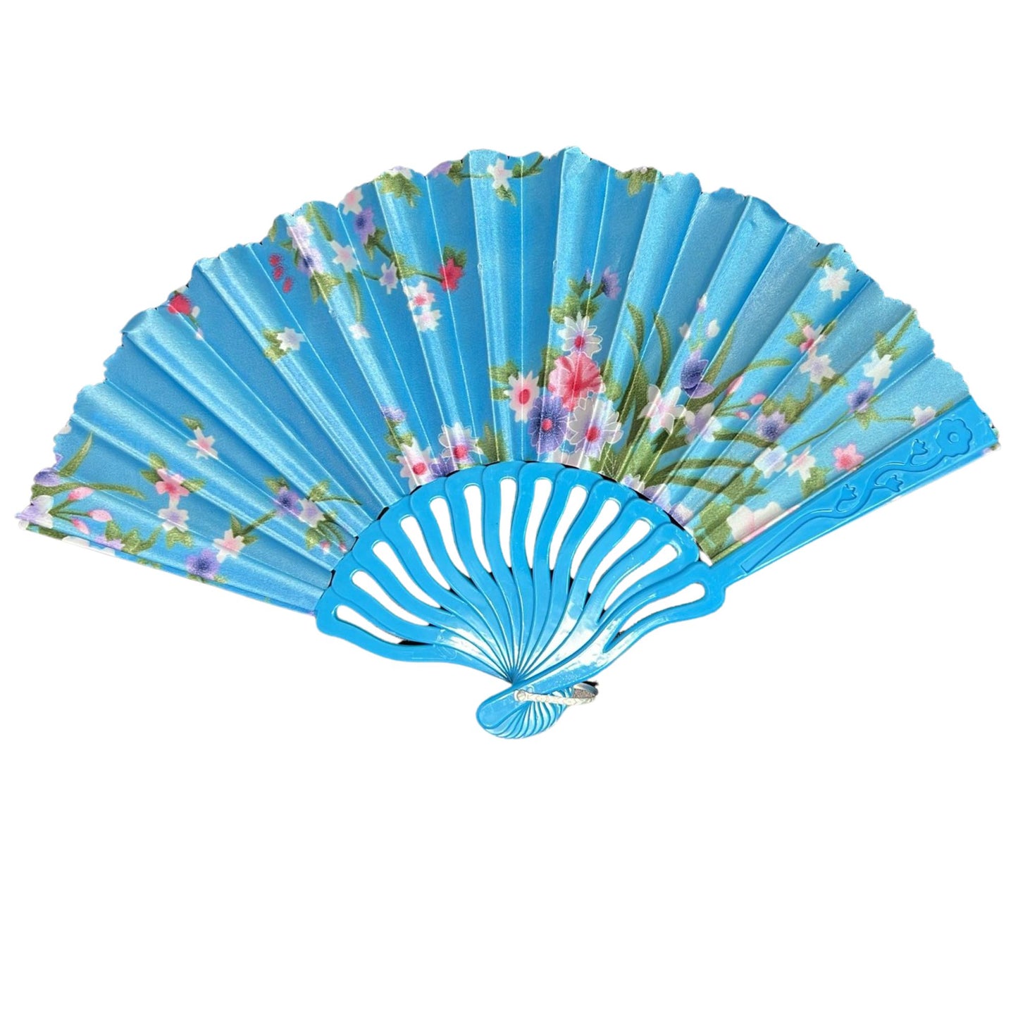 Blue floral-patterned hand fan on a white background