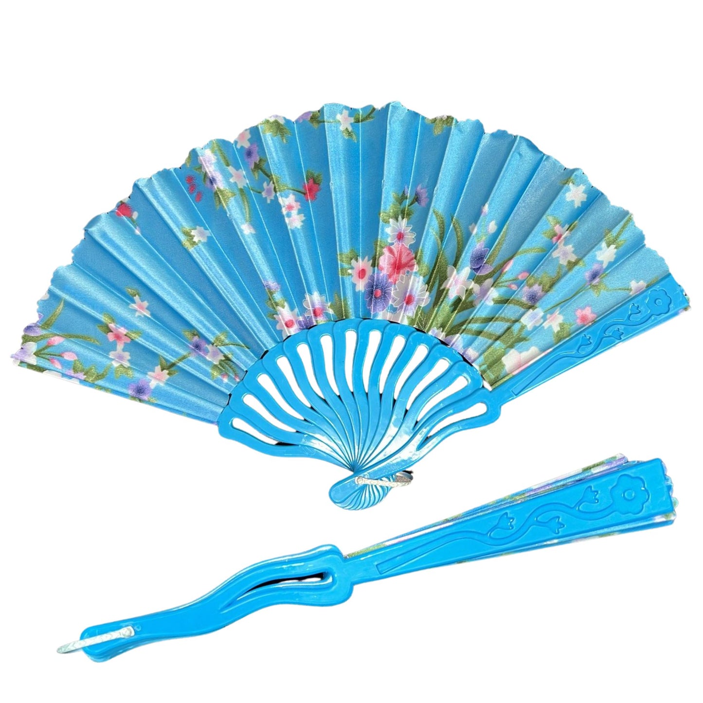 Blue floral-patterned folding fan with a matching blue holder on a white background