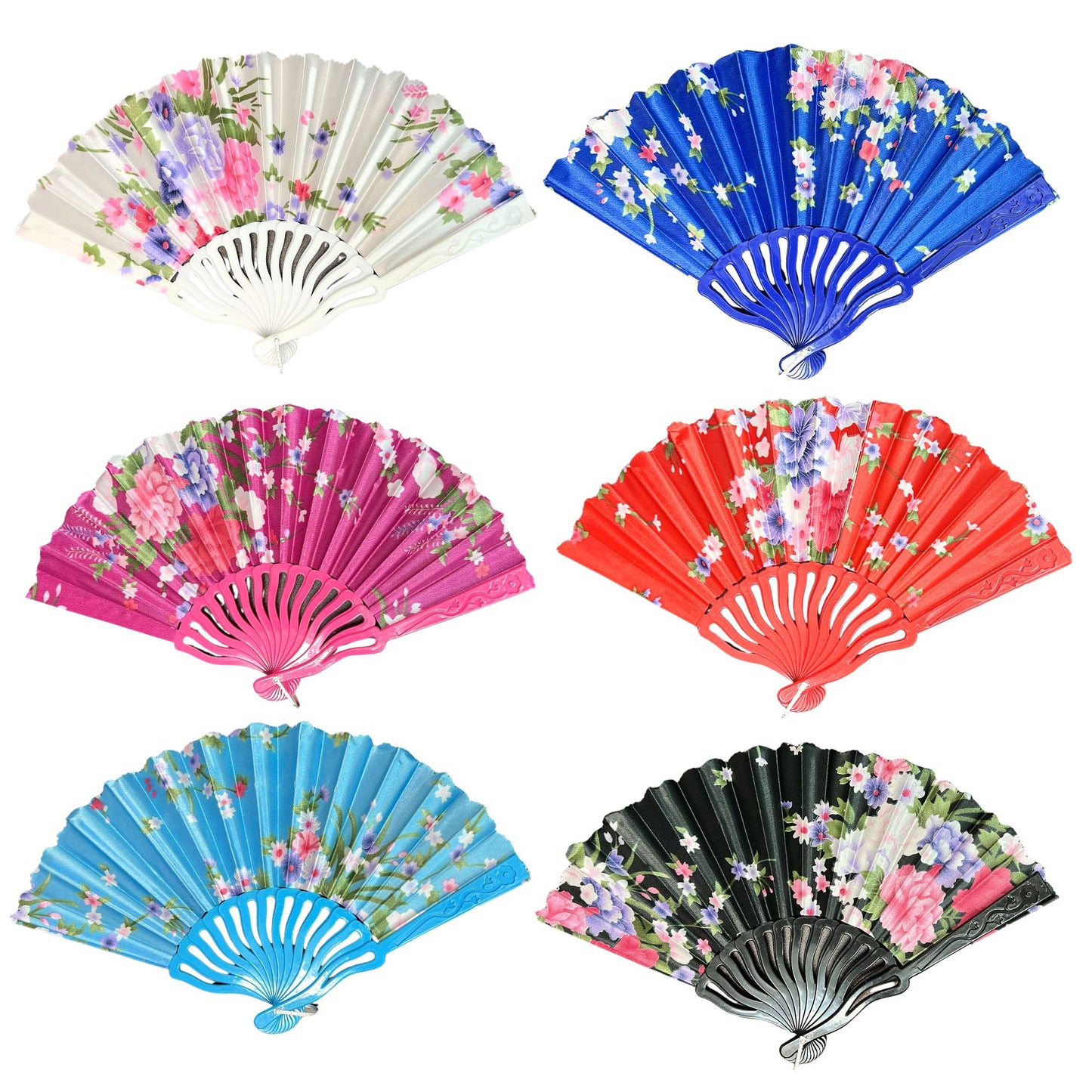 Set of six floral-patterned hand fans in various colors on a white background