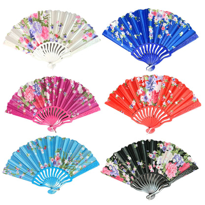 Set of six floral-patterned hand fans in various colors on a white background
