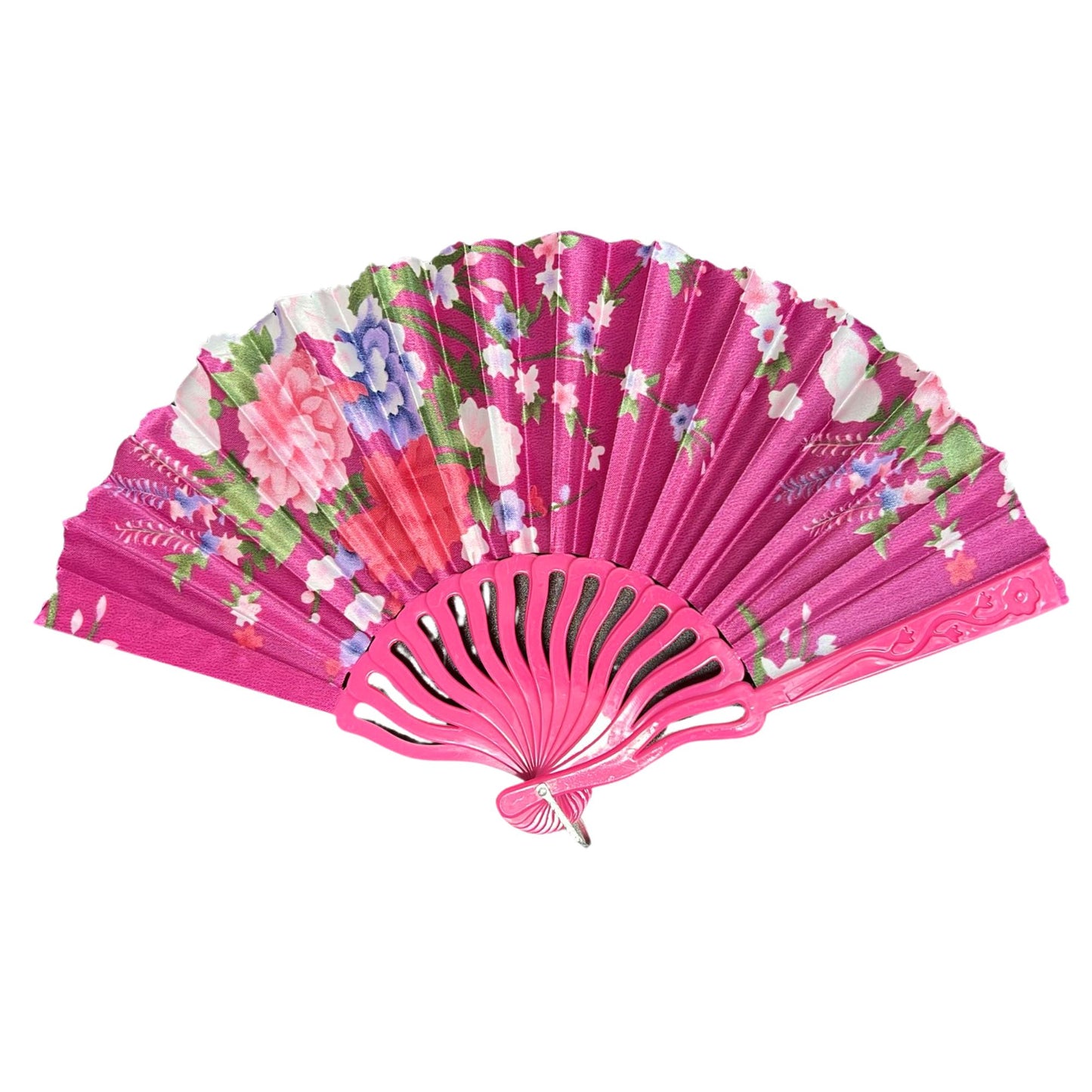 Pink floral folding fan on a white background