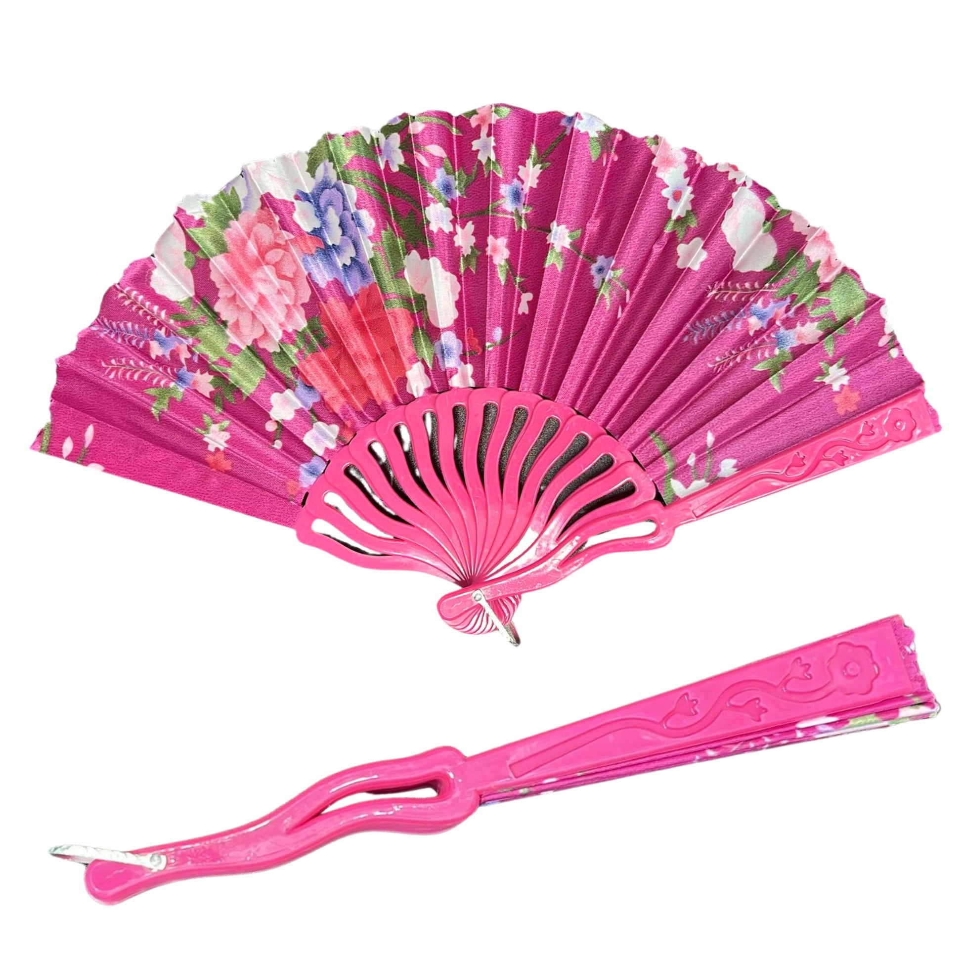 Pink floral hand fan with matching pink handle on a white background
