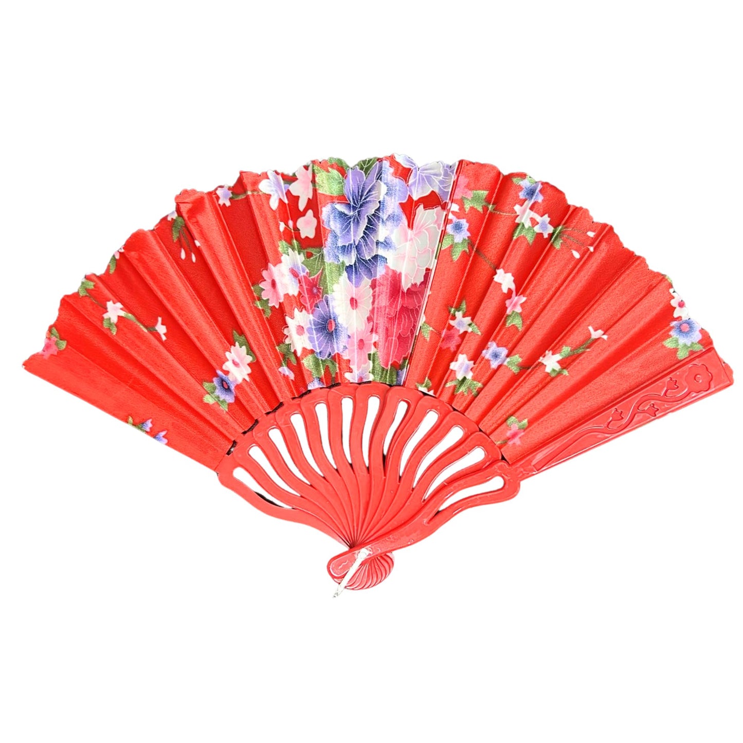 Red fan with floral patterns on a white background