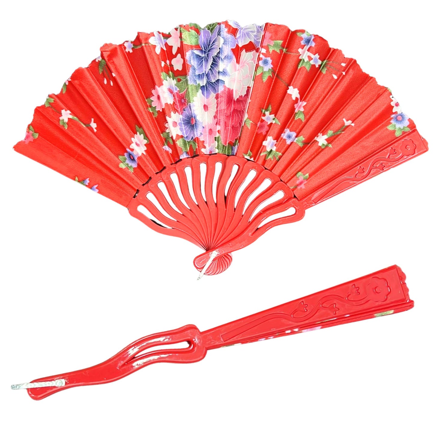 Red floral fan with matching red handle on a white background