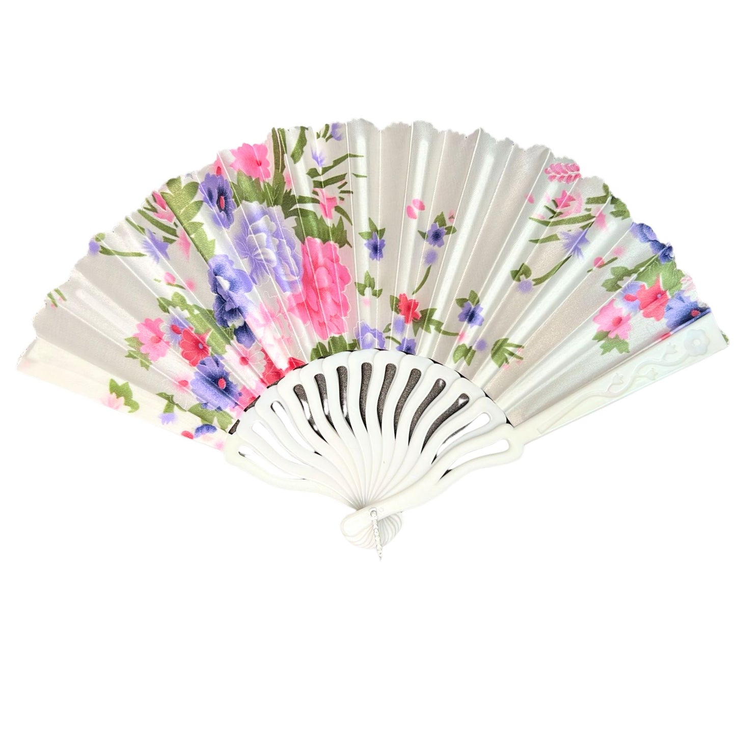 Floral-patterned hand fan on a white background