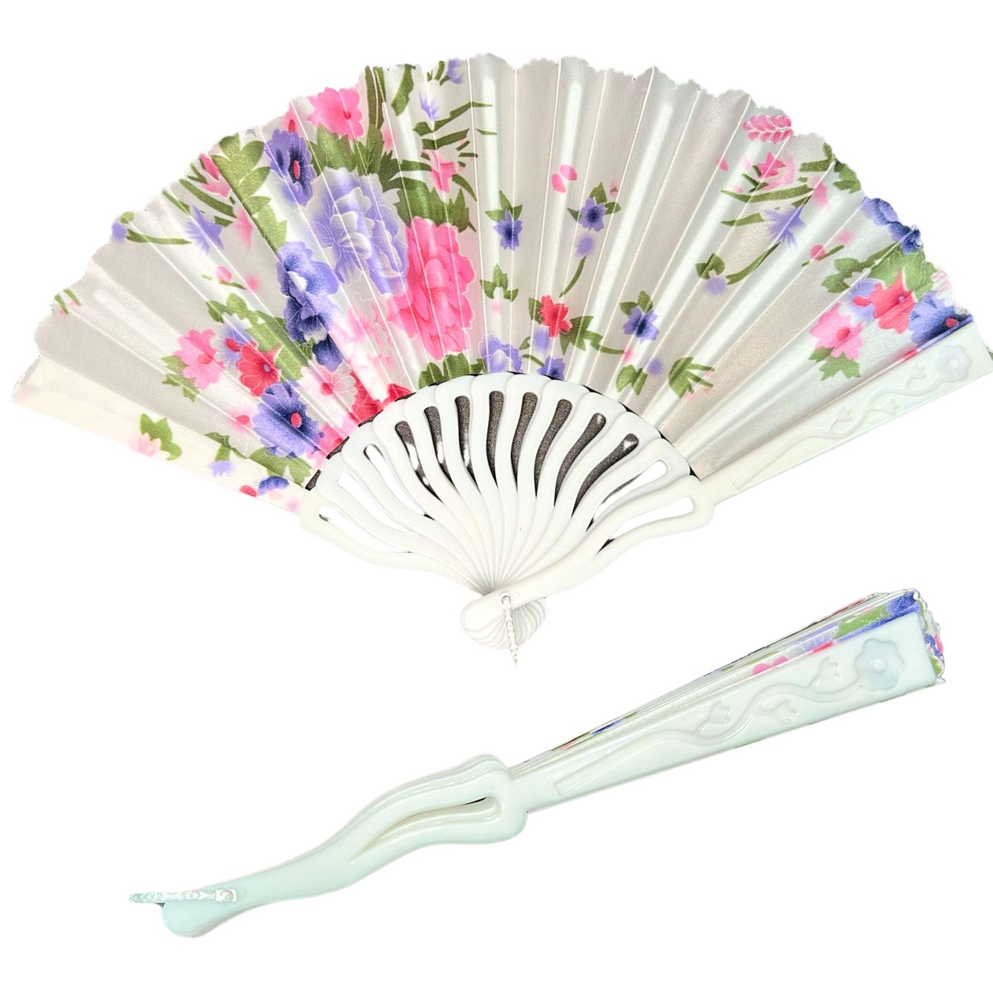Floral-patterned hand fan with a white handle on a white background